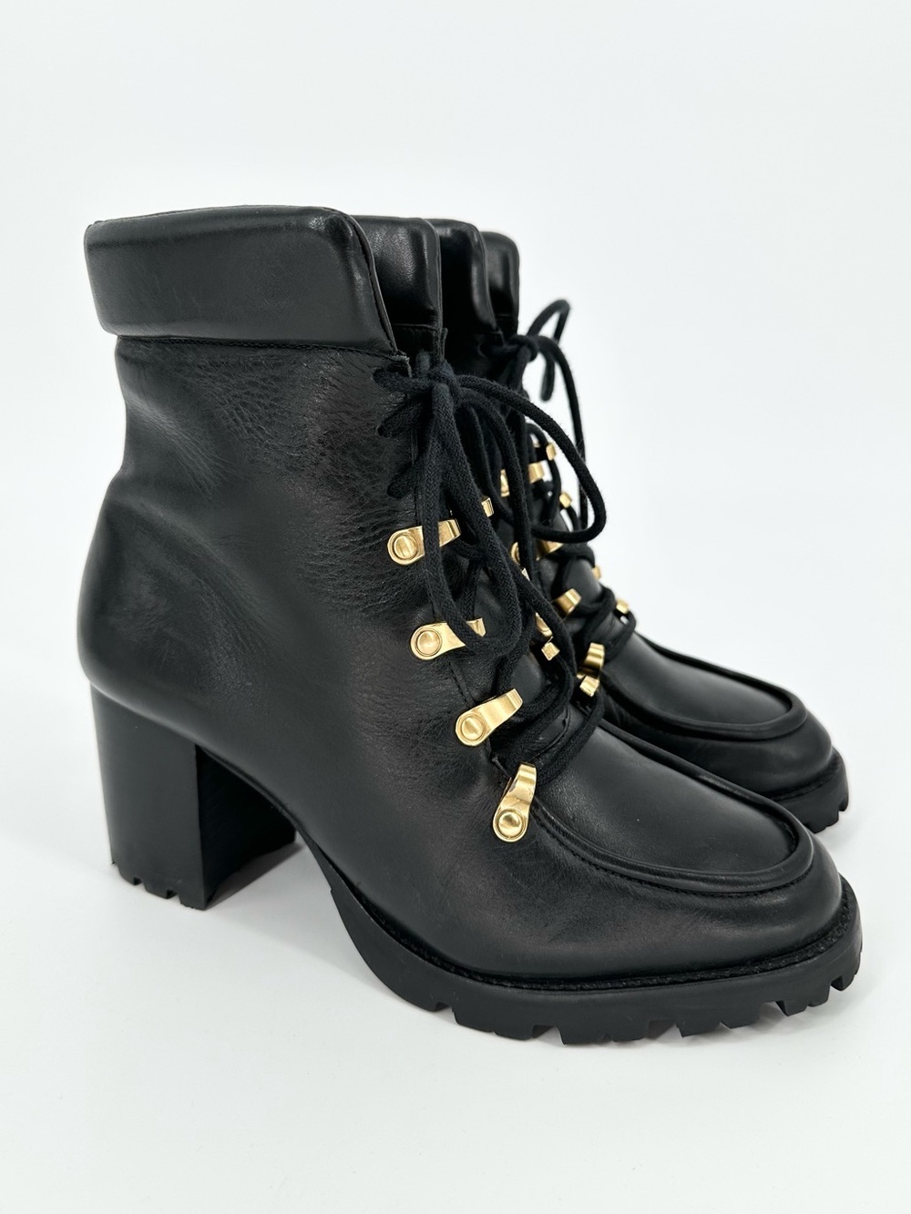 SCHUTZ Lace Up Black Heeled Combat Moto Boots